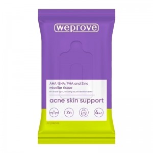 Мицеллярные салфетки с кислотами и цинком WEPROVE Micellar Tissues Acids Zinc 30 шт